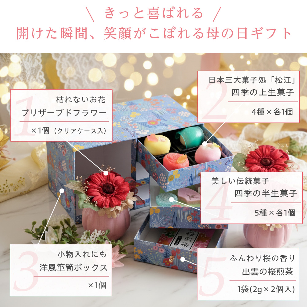母の日 和風プリザーブドフラワー＆和菓子セット「縁雫（えにしずく