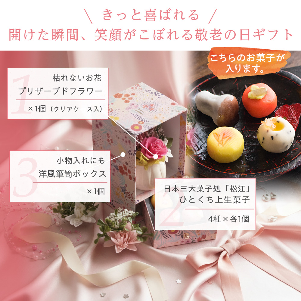 敬老の日 プリザーブドフラワー＆ひとくち上生菓子セット「華舞（は