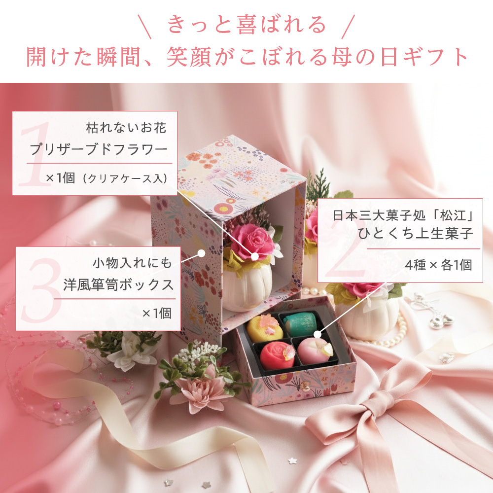 母の日 和風プリザーブドフラワー＆ひとくち上生菓子セット「華舞（は