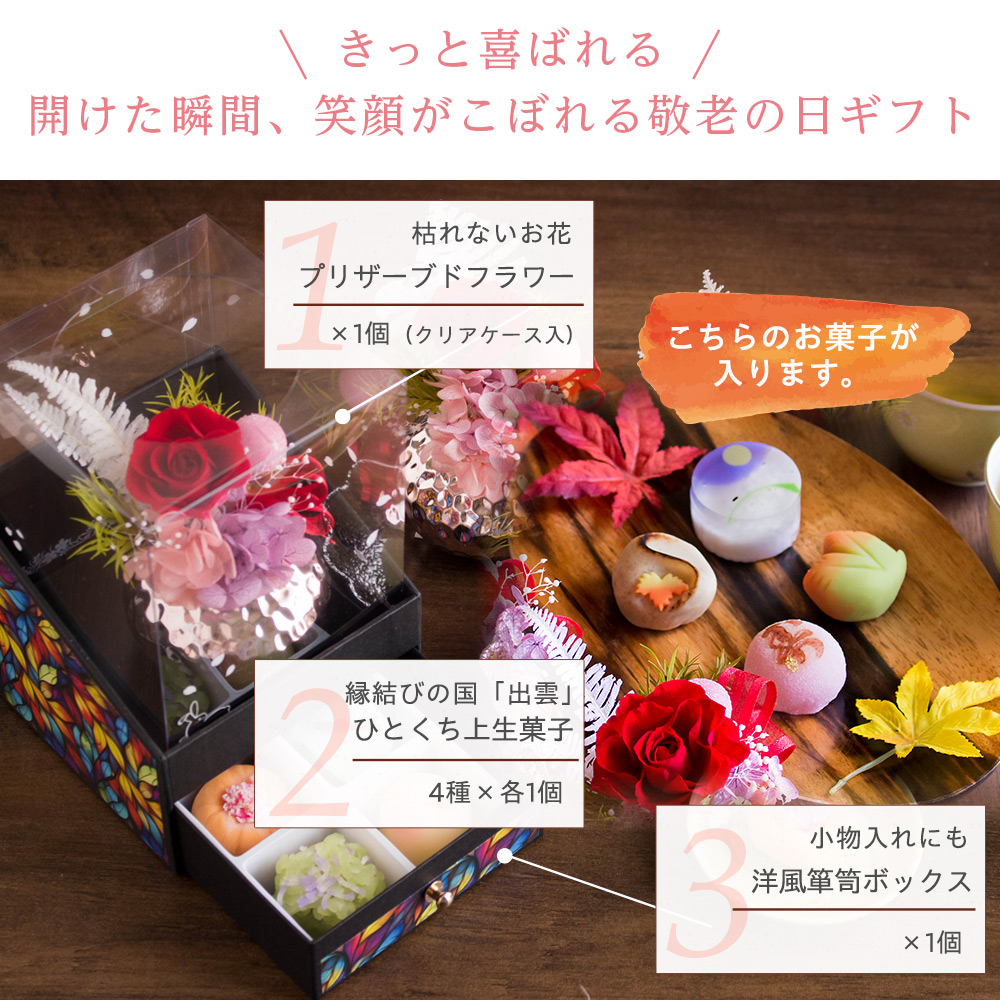 敬老の日 プリザーブドフラワー＆ひとくち上生菓子セット「夢窓佳