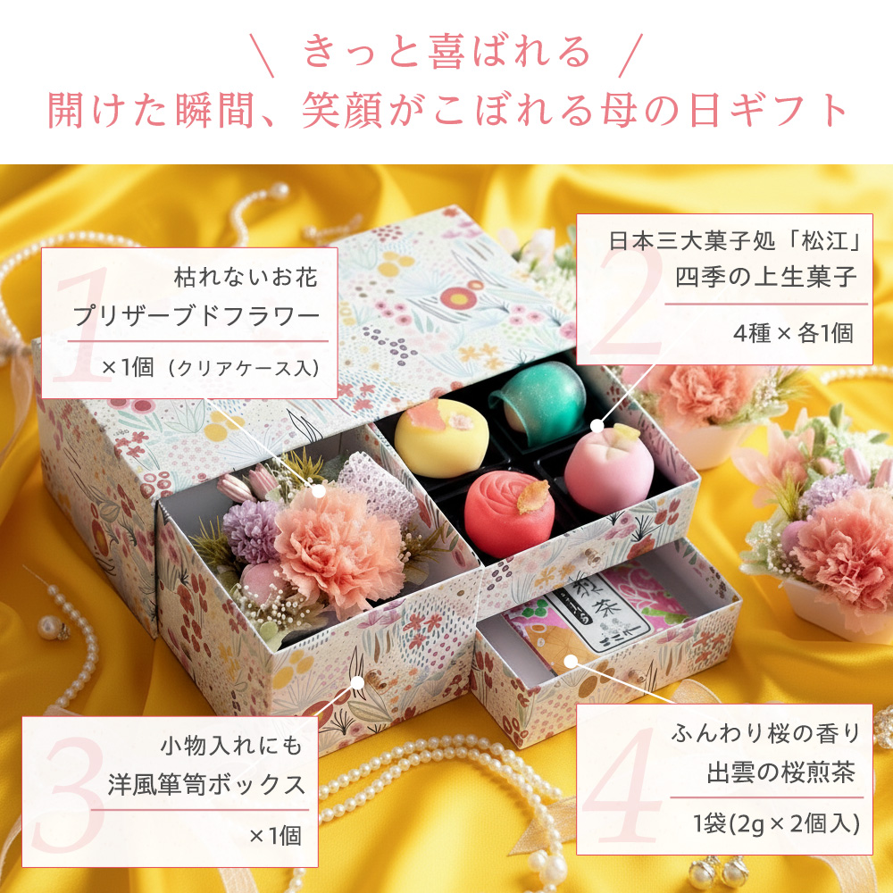 母の日 和風プリザーブドフラワー＆上生菓子セット「旬麗（ときうらら