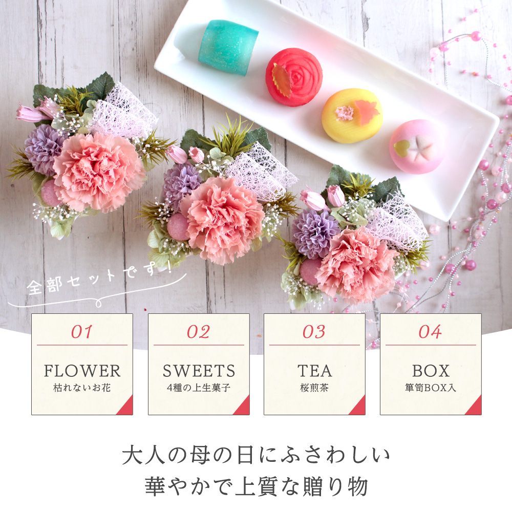 母の日 和風プリザーブドフラワー＆上生菓子セット「旬麗（ときうらら
